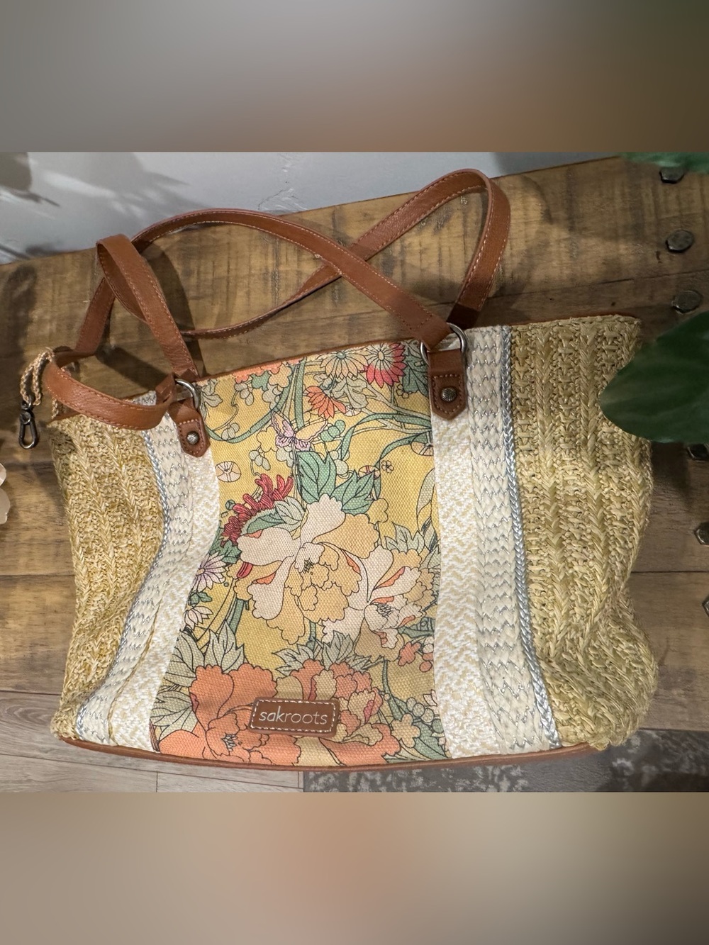 Sakroots Meadow Straw Tote Boho Floral Woven Shoulder Bag
